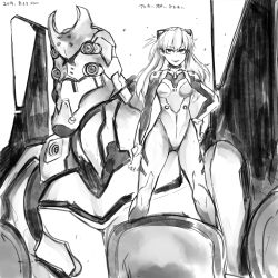 Rule 34 | 1girl, curvy, eva 02, greyscale, hair ornament, highres, long hair, looking at viewer, mecha, monochrome, neon genesis evangelion, plugsuit, robot, sigama, simple background, solo, souryuu asuka langley, standing, tsundere, two side up, very long hair, white background, wide hips