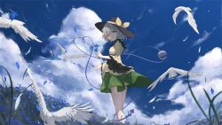 Rule 34 | 1girl, bird, black headwear, blue flower, blue sky, bow, chinese commentary, closed mouth, cloud, commentary request, flower, green eyes, green skirt, gu0st, hat, hat bow, heart, heart of string, holding, holding flower, komeiji koishi, light green hair, long sleeves, looking at viewer, outdoors, shirt, short hair, skirt, sky, standing, third eye, touhou, wide sleeves, yellow bow, yellow shirt