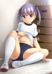 Rule 34 | 1girl, :o, black bow, blue buruma, bow, buruma, clothes lift, commentary request, fingernails, gym shirt, gym storeroom, gym uniform, hair between eyes, hair bow, highres, indoors, kneehighs, lifting own clothes, looking at viewer, navel, original, parted lips, puffy short sleeves, puffy sleeves, purple eyes, purple hair, shibacha, shirt, shirt lift, shoes, short sleeves, sitting, socks, solo, twintails, uwabaki, vaulting horse, white footwear, white shirt, white socks