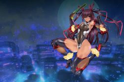 Rule 34 | 00s, 1girl, artist request, boots, breasts, curvy, female focus, full body, high heel boots, high heels, highleg, highleg leotard, highres, jumping, leotard, lilith-soft, long hair, looking at viewer, mizuki yukikaze, moon, night, nipples, see-through, shiny skin, skirt, sky, small breasts, smile, solo, taimanin (series), taimanin asagi, taimanin yukikaze, tan, thong leotard, twintails, very long hair, weapon