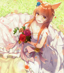 Rule 34 | 1girl, :d, animal ears, bare shoulders, blue flower, blue rose, bouquet, breasts, bride, cleavage, collarbone, dermar, dress, flower, from above, hair flower, hair ornament, highres, holding, holding bouquet, horse ears, horse girl, long hair, mayano top gun (sunlight bouquet) (umamusume), mayano top gun (umamusume), open mouth, orange hair, petals, pink flower, pink rose, red flower, red rose, rose, small breasts, smile, solo, umamusume, wedding dress, white dress, yellow eyes, yellow flower, yellow rose