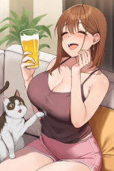 Rule 34 | 1girl, ^ ^, absurdres, alcohol, animal, bare shoulders, beer, blush, breasts, brown camisole, brown hair, bubble beard, camisole, cat, cleavage, closed eyes, collarbone, couch, cup, dolphin shorts, highres, holding, holding cup, indoors, large breasts, mole, mole on armpit, mole under eye, ol-chan (udon), on couch, original, pink shorts, short shorts, shorts, sitting, smile, solo, udon (udonalium)