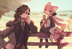 Rule 34 | 1boy, 1girl, against fence, animal ears, basket, bell, blue sky, blue vest, bolo tie, brown coat, brown eyes, brown footwear, brown hair, cat ears, cat girl, cat tail, closed mouth, coat, day, doughnut, eating, fence, food, food in mouth, full body, gradient hair, green eyes, hair over one eye, hand on own hip, holding, holding basket, holding food, long hair, long sleeves, looking at viewer, looking back, medium hair, mouth hold, multicolored hair, original, pink hair, ribbon, scenery, sitting on fence, sky, tail, tail bell, tail ornament, tail ribbon, tree, urabe (mstchan), valley, very long hair, vest, vial, wooden fence
