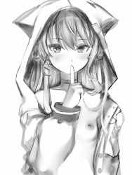 Rule 34 | 1girl, bad id, bad pixiv id, blush, breasts, choker, covered mouth, earrings, finger to mouth, greyscale, hand up, highres, hololive, hood, hood up, hoshimachi suisei, hoshimachi suisei (school uniform), index finger raised, jacket, jewelry, looking at viewer, monochrome, naked jacket, nanashi (nlo), nipples, shushing, simple background, small breasts, solo, upper body, virtual youtuber, white background