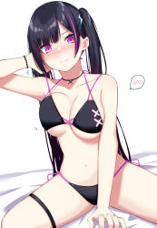 Rule 34 | 1girl, arm up, armpits, bare shoulders, bed sheet, between legs, bikini, black bikini, black hair, blush, bracelet, breasts, choker, cleavage, closed mouth, collarbone, commentary request, embarrassed, hair ornament, halterneck, halterneck, highres, ichiki 1, jewelry, large breasts, long hair, looking at viewer, multi-strapped bikini, multicolored hair, navel, nose blush, original, pink eyes, side-tie bikini bottom, sitting, solo, spoken blush, spread legs, stomach, strap pull, streaked hair, string bikini, swimsuit, thigh strap, thighs, twintails, very long hair