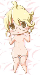 Rule 34 | 1girl, bed, blonde hair, blush, breasts, brown eyes, chibi, cleft of venus, gerotan, glasses, highres, image sample, lying, navel, nipples, nude, on back, open mouth, original, panties, pixiv sample, pussy, resized, short hair, small breasts, solo, uncensored, underwear