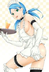 Rule 34 | 1girl, apron, areola slip, ass, bad id, bad pixiv id, blue hair, breasts, bridal garter, checkered background, elbow gloves, female focus, gloves, gradient background, green eyes, hair ornament, hairclip, hawoku ishibare, looking back, maid, maid apron, medium breasts, naked apron, no bra, no panties, original, solo, tray, white gloves