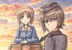 Rule 34 | 10s, 2girls, brown eyes, brown hair, cloud, collarbone, commentary, garrison cap, girls und panzer, hat, hatch, looking at viewer, looking back, md5 mismatch, military, military vehicle, motor vehicle, multiple girls, nishizumi maho, nishizumi miho, omachi (pixiv), omachi (slabco), painting (medium), panzer iv, panzer iv, siblings, sisters, sky, smile, sunset, tank, throat microphone, traditional media, uniform, vehicle, watercolor (medium)