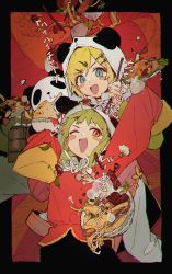 Rule 34 | 2girls, animal, animal hood, arm up, blonde hair, blue eyes, blush stickers, bowl, chinese clothes, chopsticks, ciloranko, food, fried rice, green hair, gumi, hair ornament, hairclip, highres, holding, holding chopsticks, hood, hood up, kagamine rin, looking at viewer, multiple girls, mushroom, noodles, one eye closed, open mouth, orange eyes, panda, rice, scales, short hair, sleeves past fingers, sleeves past wrists, translation request, vocaloid, yi er fan club (vocaloid)