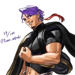 Rule 34 | 1boy, black shirt, cropped shirt, duryodhana (fate), earrings, facial hair, fate/grand order, fate (series), fusso oekaki, goatee, goatee stubble, highres, jewelry, looking at viewer, male focus, mature male, midriff, muscular, muscular male, navel, purple hair, red eyes, sash, shirt, short hair, shoulder sash, signature, simple background, single earring, smile, solo, stubble, upper body, white background