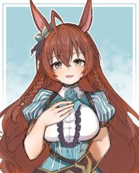 Rule 34 | 1girl, :d, absurdres, ahoge, bow, braid, breasts, brown eyes, brown hair, ear bow, green bow, hair between eyes, highres, horse girl, large breasts, long hair, looking at viewer, maromaron taitei, mejiro bright (umamusume), one-hour drawing challenge, open mouth, puffy short sleeves, puffy sleeves, short sleeves, smile, solo, striped, striped bow, twin braids, umamusume, upper body, wavy hair