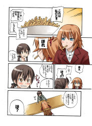 Rule 34 | 2girls, bad id, bad pixiv id, blue eyes, blush, brown eyes, brown hair, charlotte e. yeager, food, french fries, gertrud barkhorn, long hair, multiple girls, strike witches, translated, world witches series, yuuta (tokoton hirune hiyori)
