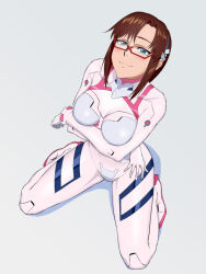 Rule 34 | 1girl, :3, blue eyes, blush, bodysuit, breasts, brown hair, chobi kuma, closed mouth, commentary request, crossed arms, evangelion: 3.0+1.0 thrice upon a time, full body, glasses, hairband, interface headset, kneeling, long hair, looking at viewer, makinami mari illustrious, medium breasts, neon genesis evangelion, official alternate costume, pilot suit, plugsuit, rebuild of evangelion, red-framed eyewear, simple background, sitting, smile, solo, thighs, wariza, white background, white bodysuit