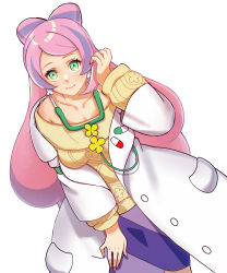 Rule 34 | 1girl, breasts, cleavage, collarbone, creatures (company), earrings, flower earrings, game freak, green eyes, highres, jewelry, lab coat, large breasts, light purple hair, long hair, miriam (pokemon), nintendo, off-shoulder sweater, off shoulder, pokemon, pokemon sv, purple skirt, sisss, skirt, solo, stethoscope, striped clothes, striped skirt, sweater, swept bangs, yellow nails, yellow sweater