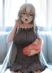 Rule 34 | 1boy, 1girl, baby, baby carry, backlighting, bare shoulders, black dress, blush, breasts, carrying, closed eyes, collarbone, commentary, couch, curtains, day, dress, fate/apocrypha, fate (series), frilled dress, frills, ginhaha, grey hair, hair between eyes, half-closed eyes, hand up, head tilt, holding baby, indoors, jeanne d&#039;arc (fate), jeanne d&#039;arc alter (avenger) (fate), jeanne d&#039;arc alter (fate), large breasts, long hair, looking at viewer, mother and son, off-shoulder dress, off shoulder, on couch, open mouth, short dress, sidelocks, sitting, sunlight, teeth, upper teeth only, very long hair, window, yellow eyes