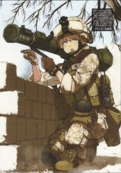 Rule 34 | 1girl, armor, at4, blonde hair, blue eyes, boots, camouflage, desert camouflage, digital camouflage, gloves, goggles, hair bun, helmet, highres, knee pads, kneeling, load bearing vest, man-portable anti-tank systems, digital camouflage, military, military uniform, on one knee, open mouth, original, bulletproof vest, pointing, pouch, radio, recoilless gun, rocket launcher, scan, scan artifacts, shibafu (glock23), single hair bun, soldier, solo, squatting, text focus, translation request, uniform, united states marine corps, wall, weapon