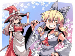 Rule 34 | &gt;:d, 2girls, :d, alternate color, apron, ascot, bare shoulders, blonde hair, bow, braid, breasts, broom, brown eyes, brown hair, cosplay, costume switch, detached sleeves, dress, gohei, grin, hair bow, hair tubes, hakurei reimu, hand on own hip, hat, hat bow, highres, kirisame marisa, long sleeves, multiple girls, open mouth, puffy short sleeves, puffy sleeves, red dress, shirt, short sleeves, single braid, smile, touhou, tsurime, tukiwani, v-shaped eyebrows, waist apron, wide sleeves, witch hat, wrist cuffs, yellow eyes