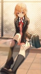 Rule 34 | 1girl, absurdres, bag, black footwear, black jacket, black socks, blazer, blurry, brown eyes, brown hair, cardigan, chain-link fence, collared shirt, depth of field, fence, foreshortening, hand on own knee, highres, isshiki iroha, jacket, knee up, kneehighs, loafers, long hair, looking at viewer, neck ribbon, on ground, open clothes, open jacket, pink cardigan, pro-p, ribbon, school bag, school uniform, shirt, shoes, sitting, smile, socks, solo, tile floor, tiles, undershirt, white shirt, wing collar, yahari ore no seishun lovecome wa machigatteiru.