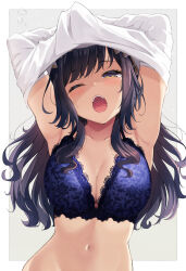 Rule 34 | 1girl, ;o, arms up, black hair, blue bra, bra, breasts, brown eyes, cleavage, collarbone, commentary request, grey background, half-closed eye, highres, honey strap, lace, lace-trimmed bra, lace trim, large breasts, long hair, nanashi inc., navel, one eye closed, open mouth, shimamura charlotte, shirt, solo, tears, temari rin, two-tone background, underwear, undressing, upper body, virtual youtuber, white background, white shirt, yawning