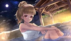 Rule 34 | 1girl, bamboo fence, bare arms, bare shoulders, blunt bangs, brown hair, closed mouth, cloud, commentary request, dutch angle, fence, full moon, hair bun, highres, hitachi sou, idolmaster, idolmaster cinderella girls, kamiya nao, knees up, long hair, looking at viewer, moon, naked towel, night, night sky, onsen, outdoors, partially submerged, ponytail, red eyes, single hair bun, sitting, sky, smile, solo, star (sky), starry sky, thick eyebrows, towel, water