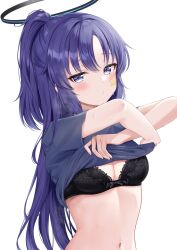 Rule 34 | 1girl, black bra, blue archive, blue eyes, blue shirt, blush, bra, breasts, cleavage, clothes lift, gym uniform, halo, highres, long hair, looking at viewer, medium breasts, midriff, mochiko (uyu omochi), navel, official alternate costume, ponytail, purple eyes, purple hair, shirt, shirt lift, short sleeves, simple background, solo, star sticker, sticker on face, sweat, underwear, undressing, white background, yuuka (blue archive), yuuka (track) (blue archive)