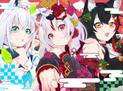 Rule 34 | 3girls, absurdres, ahoge, animal ears, ao no kitsune, black hair, black shirt, commentary request, crop top, detached sleeves, fox ears, fox girl, fox shadow puppet, green eyes, grin, hair between eyes, hair ornament, hairclip, highres, hololive, horns, index finger raised, japanese clothes, kimono, long hair, looking at viewer, mask, mask on head, multicolored hair, multiple girls, nakiri ayame, nakiri ayame (1st costume), oni mask, ookami mio, open mouth, pointing, pointing at viewer, red eyes, red hair, red kimono, shirakami fubuki, shirakami fubuki (1st costume), shirt, sidelocks, skin-covered horns, smile, streaked hair, virtual youtuber, white hair, white hood, wolf ears, wolf girl, yellow eyes