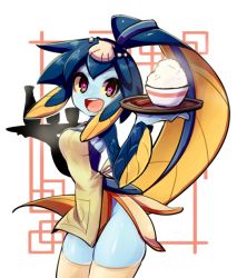 Rule 34 | 1girl, apron, blue skin, bowl, colored sclera, colored skin, female focus, minette (skullgirls), monster girl, open mouth, pink eyes, rice, shell, skullgirls, smile, solo, thighhighs, waitress, yellow sclera
