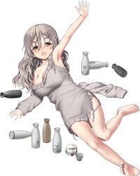 1girl barefoot bottle brown_eyes creature dress fish full_body grey_dress grey_hair hair_between_eyes hat holding holding_bottle jiji_(aardvark) kantai_collection long_hair looking_at_viewer lying off-shoulder_dress off_shoulder official_alternate_costume official_art on_side pola_(kancolle) pola_(saury_festival)_(kancolle) solo sweater sweater_dress thick_eyebrows tokkuri transparent_background unworn_hat unworn_headwear waving