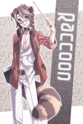 Rule 34 | 10s, 1boy, animal ears, bad id, bad pixiv id, blue eyes, brown hair, citri, glasses, looking at viewer, male focus, pointer, raccoon (trickster), raccoon ears, raccoon tail, short hair, smile, solo, tail, trickster (ntreev soft), trickster online, yuetsuki (ash)