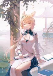 Rule 34 | 1girl, absurdres, animal ears, architecture, arknights, arm support, blonde hair, book, breasts, building, changjixitingrimu902, china dress, chinese clothes, chinese commentary, cleavage, closed eyes, closed mouth, commentary request, detached sleeves, dress, east asian architecture, facing viewer, feet out of frame, floating hair, highres, holding, holding scroll, kroos (arknights), kroos the keen glint (along the corridor) (arknights), kroos the keen glint (arknights), large breasts, lily pad, lips, long hair, open book, outdoors, rabbit ears, rabbit girl, scroll, sitting, sleeveless, sleeveless dress, smile, solo, tree, white dress, white sleeves