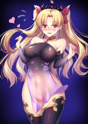 Rule 34 | 1girl, @ @, bare shoulders, blonde hair, blue background, blush, breasts, cleft of venus, collarbone, cosplay, covered erect nipples, cowboy shot, detached sleeves, earrings, ereshkigal (fate), fate/grand order, fate (series), flying sweatdrops, glint, gradient background, hair ribbon, hands up, heart, iro ame (amewaagada), jewelry, kama (fate), kama (fate) (cosplay), kama (second ascension) (fate), large breasts, long hair, long sleeves, looking at viewer, navel, nipples, no bra, no panties, nose blush, open mouth, parted bangs, purple ribbon, purple thighhighs, pussy, red eyes, revealing clothes, ribbon, solo, sparkle, thighhighs, tiara, two side up, very long hair, w arms, wavy mouth