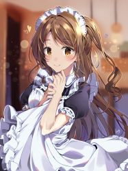 Rule 34 | 1girl, apron, apron hold, bad id, bad pixiv id, black dress, blurry, blurry background, blush, brown eyes, brown hair, closed mouth, commentary, depth of field, dress, frilled apron, frills, heart, idolmaster, idolmaster cinderella girls, indoors, long hair, looking at viewer, maid, maid apron, maid headdress, one side up, pinb, puffy short sleeves, puffy sleeves, shimamura uzuki, short sleeves, signature, smile, solo, symbol-only commentary, very long hair, white apron