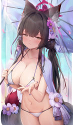 Rule 34 | 1girl, absurdres, animal ear fluff, animal ears, bad id, bad pixiv id, bead bracelet, beads, bikini, black hair, blue archive, bracelet, breasts, cape, cleavage, closed mouth, collarbone, cowboy shot, flower, fox ears, fox girl, fox tail, groin, hair flower, hair ornament, halo, halterneck, highres, holding, jewelry, large breasts, long hair, looking at viewer, low twintails, nail polish, navel, oil-paper umbrella, petals, purple nails, skindentation, solo, standing, stomach, string bikini, swimsuit, tail, taitai, twintails, umbrella, wakamo (blue archive), wakamo (swimsuit) (blue archive), white bikini, yellow eyes