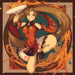 Rule 34 | 1girl, ankle boots, bare shoulders, boots, breasts, brown eyes, brown hair, china dress, chinese clothes, covered navel, detached sleeves, dress, grin, guilty gear, high heel boots, high heels, jumping, kondou totetsu, kuradoberi jam, long hair, long sleeves, looking at viewer, medium breasts, pelvic curtain, red dress, red footwear, skin tight, sleeveless, sleeveless dress, smile, solo, very long hair, wide sleeves