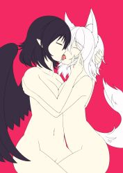 Rule 34 | 2girls, absurdres, animal ears, bad id, bad twitter id, black hair, black wings, breasts, closed eyes, collarbone, colored eyelashes, couple, female focus, flat color, french kiss, hand in another&#039;s hair, head hold, highres, hug, inubashiri momiji, inyuppo, kiss, magenta background, multiple girls, navel, nude, out of character, pink background, pointy ears, shameimaru aya, short hair, simple background, stomach, tail, thighs, tongue, touhou, upper body, white hair, wings, wolf ears, wolf tail, yuri