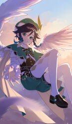 Rule 34 | 1boy, absurdres, androgynous, beret, black footwear, black hair, blue hair, blurry, blurry foreground, bow, braid, brooch, cape, cloud, collared cape, collared shirt, commentary, corset, diamond (shape), feathered wings, flower, frilled sleeves, frills, gem, genshin impact, gradient hair, green cape, green eyes, green hat, green shorts, hat, hat flower, highres, jewelry, leaf, long sleeves, looking at viewer, male focus, multicolored hair, none1095, open mouth, outdoors, pantyhose, reaching, reaching towards viewer, shirt, shoes, short hair with long locks, shorts, side braids, sidelocks, smile, solo, twin braids, venti (genshin impact), white flower, white pantyhose, white shirt, white wings, wings