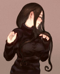 Rule 34 | 1girl, black hair, blush, breasts, c.cu, closed eyes, long hair, original, profile, ribbed sweater, simple background, solo, sweater, turtleneck