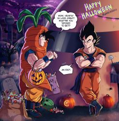 Rule 34 | 2boys, artist request, black hair, boots, candy, city, cosplay, crossed arms, dougi, dragon ball, dragonball z, food, halloween, halloween costume, highres, looking at another, multiple boys, muscular, night, night sky, no humans, sky, smile, son goku (cosplay), son goku, spiked hair, vegeta