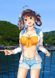 Rule 34 | 1girl, ahoge, belt, bikini, blue sailor collar, blue shorts, blue sky, breasts, brown hair, chougei (kancolle), cleavage, cloud, cutoffs, day, hair ornament, hair rings, hairclip, headgear, jacket, kantai collection, large breasts, long hair, navel, official alternate costume, open clothes, open jacket, orange bikini, outdoors, photo background, railing, sailor collar, shorts, sky, solo, sorairo haruka, swimsuit, water, white belt, white jacket