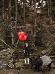 Rule 34 | 1girl, architecture, balloon, black dress, black eyes, black footwear, black hair, blunt bangs, closed mouth, commentary request, dress, east asian architecture, forest, frilled sleeves, frilled socks, frills, frown, holding, holding balloon, industrial pipe, katou fumitaka, kneehighs, komainu, long hair, long sleeves, looking at viewer, mary janes, nature, object request, original, outdoors, plant, scenery, shoes, shrine, side ponytail, socks, solo, stairs, standing, statue, stone, stone floor, stone wall, sunset, tapir, torii, translation request, tree, valve, wall, white neckwear, white socks, wide shot