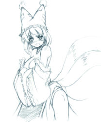 Rule 34 | 1girl, blush, breasts, cleavage, female focus, fox tail, hat, monochrome, multiple tails, seo tatsuya, sketch, solo, tail, touhou, undressing, white background, yakumo ran