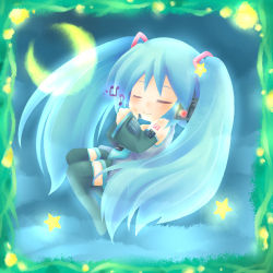 Rule 34 | 1girl, detached sleeves, female focus, full body, green hair, hatsune miku, long hair, lowres, moon, musical note, outdoors, pote (ptkan), sky, sleeping, smile, solo, thighhighs, twintails, very long hair, vocaloid