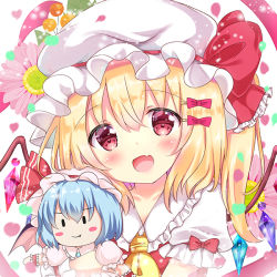 Rule 34 | 1girl, :d, ascot, beret, blonde hair, blush, bow, character doll, collared shirt, commentary request, crystal, fang, flandre scarlet, frilled shirt collar, frills, hair between eyes, hair bow, hair ornament, hairclip, hat, hat bow, head tilt, hugging object, long hair, looking at viewer, mob cap, one side up, open mouth, puffy short sleeves, puffy sleeves, red bow, red eyes, red vest, remilia scarlet, rikatan, shirt, short sleeves, smile, solo, touhou, vest, white hat, wings, wrist cuffs, yellow ascot