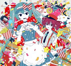 Rule 34 | 2girls, apron, aqua hair, aqua nails, betete, black choker, black eyes, black necktie, blue dress, bow, brown eyes, burger, choker, coffee cup, collared shirt, colored skin, confetti, cup, diagonal-striped bow, disposable cup, dot nose, dress, drill hair, drinking straw, fast food, fingernails, food, fork, french fries, frilled apron, frilled dress, frills, gloves, hair bow, hand up, hands up, hat, hatsune miku, heart, heart hands, hot dog, ice cream, kasane teto, ketchup bottle, long hair, looking at viewer, mesmerizer (vocaloid), multiple girls, nail polish, necktie, open mouth, own hands together, pill, pink hair, puffy short sleeves, puffy sleeves, red bow, red hat, scared, shaded face, sharp teeth, shirt, short hair, short sleeves, sparkle, star (symbol), striped bow, striped clothes, striped dress, striped shirt, suspenders, sweatdrop, teeth, tongue, tongue out, twin drills, twintails, utau, vertical-striped clothes, vertical-striped dress, vertical-striped shirt, very long hair, visor cap, vocaloid, waist apron, white apron, white bow, white shirt, white skin, wrist cuffs, yellow gloves