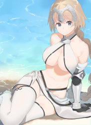 Rule 34 | 2l (2lsize), areola slip, arm support, bad id, bad pixiv id, bare shoulders, blonde hair, breasts, commentary request, fate (series), fur trim, gauntlets, grey eyes, headpiece, highres, jeanne d&#039;arc (fate), jeanne d&#039;arc (ruler) (fate), jeanne d&#039;arc (third ascension) (fate), large breasts, looking at viewer, navel, ocean, sitting, smile, thighhighs, white thighhighs