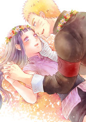 Rule 34 | 1boy, 1girl, bad id, bad pixiv id, bandaged arm, bandages, blonde hair, blue eyes, blush, couple, eye contact, facial mark, flower, flower necklace, head wreath, hetero, highres, holding hands, hyuuga hinata, jewelry, looking at another, naruto: the last, naruto (series), necklace, purple eyes, purple hair, smile, ting, uzumaki naruto, whisker markings, whiskers