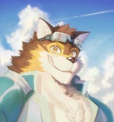 Rule 34 | 1boy, animal ears, bara, barrel (cool gunfighter) (live a hero), barrel (live a hero), blue sky, cloud, cloudy sky, commentary request, dog boy, dog ears, furry, furry male, goggles, goggles on head, highres, live a hero, looking at viewer, male focus, mixed-language commentary, moaoxnx, pectoral cleavage, pectorals, sharp teeth, sky, smile, teeth, upper body