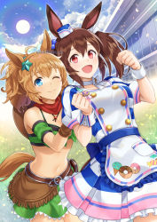 Rule 34 | 2girls, :d, ;), animal ears, apron, armband, bare shoulders, blue eyes, blue sky, breasts, brown gloves, brown hair, chikabo m, choker, cleavage, clenched hands, cloud, collarbone, commentary, cowboy hat, cowboy shot, day, detached sleeves, dress, food print, frilled apron, frilled dress, frills, gloves, green armband, green shirt, green sleeves, gun, hair between eyes, hair ornament, hair ribbon, hand on another&#039;s shoulder, hands up, hat, hat on back, hishi akebono (umamusume), holster, holstered, horse ears, horse girl, horse tail, large breasts, leaning forward, lens flare, long hair, looking at viewer, midriff, mini hat, multicolored clothes, multicolored dress, multiple girls, navel, one eye closed, open mouth, ponytail, red eyes, red scarf, ribbon, scarf, sheriff badge, shirt, short sleeves, sidelocks, skirt, sky, smile, standing, star (symbol), star hair ornament, striped clothes, striped dress, sun, taiki shuttle (umamusume), tail, tied shirt, twintails, twitter username, umamusume, watermark, weapon, white apron, white choker, white ribbon, wrist cuffs