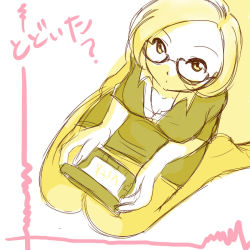 Rule 34 | 1girl, :o, downblouse, from above, glasses, handheld game console, itsuno mani koukannikki, looking at viewer, looking up, nikki (swapnote), nintendo, nintendo 3ds, short hair, sitting, solo, swapnote, toragura, translation request, wariza, when you see it, yellow theme