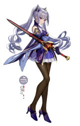 1girl, absurdres, bare shoulders, black legwear, bow, braid, breasts, detached sleeves, dress, frilled dress, frilled skirt, frilled sleeves, frills, genshin impact, gloves, hair bow, hair cones, hair ornament, hairclip, high heels, highres, holding, holding sword, holding weapon, keqing (genshin impact), pantyhose, purple eyes, purple hair, simple background, skirt, solo, sword, takubon, twintails, weapon, white background